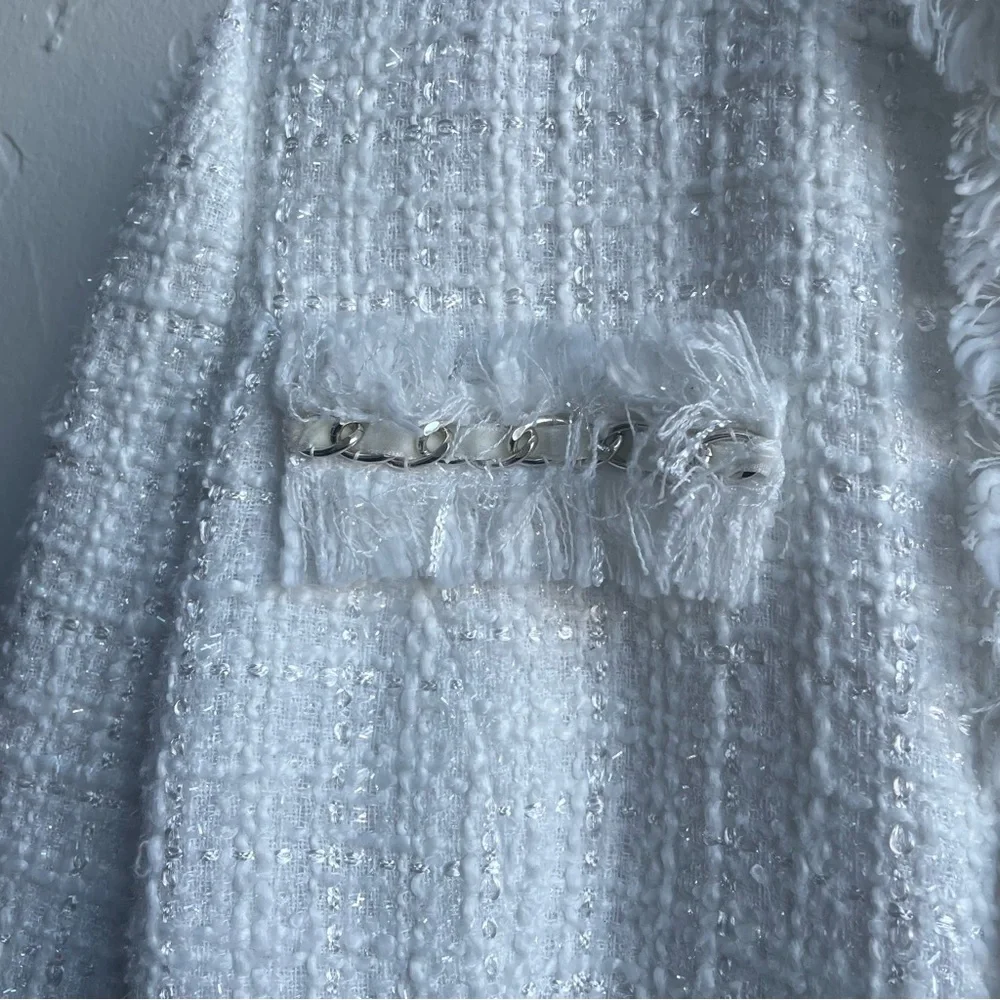 Boston Proper Ivory Tweed Blazer with Fringe - Picture 3 of 5